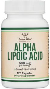 Double Wood Alpha Lipoïque: bouteille montrant les capsules et potentiel antioxydant.