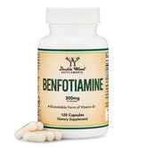 Double Wood Benfotiamine bouteille 300 mg, absorption potentielle et soutien nerveux possible.