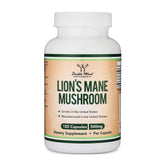 Capsules Lion’s Mane Double Wood sur emballage, soutien immunitaire et concentration.