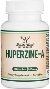Double Wood Huperzine A : image de la bouteille et des tablettes pour la concentration potentielle.