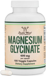 Double Wood Magnésium Glycinate 400 mg – bouteille prête pour le sommeil et les muscles.