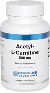 Douglas Laboratories Acétyl-L-Carnitine 500 mg, bouteille et gélules visibles, soutien potentiel du cerveau et des nerfs.
