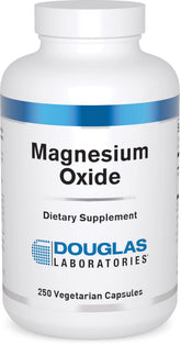 Douglas Laboratories Magnésium oxyde capsules visibles en boîte, soutien potentiel cœur et os.