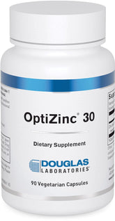 Douglas Laboratories Opti Zinc 30 mg — bouteille et capsules, soutien immunitaire potentiel.