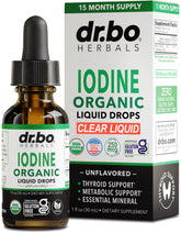 Gouttes DR. BO iode liquide clair en flacon conviennent à une utilisation quotidienne.