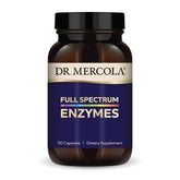 Dr. Mercola Full Spectrum Enzymes – bouteille montrant les capsules et un usage quotidien potentiel.