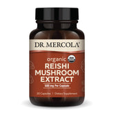 Dr. Mercola Reishi, bouteille de capsules, soutien immunitaire potentiel au quotidien.