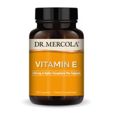Bouteille Dr. Mercola Vitamine E avec étiquette montrant la formulation complète