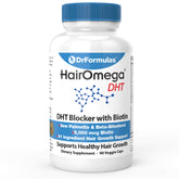 DrFormulas HairOmega: la bouteille et ses capsules soutiennent la croissance des cheveux.