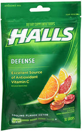 Halls Defense emballage agrumes, présentation pratique pour le soutien immunitaire potentiel
