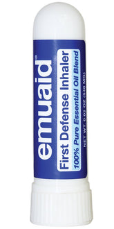 EMUAID inhalateur nasal compact affiché avec bannière de respiration claire et pratique.