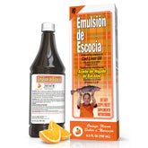Emulsion de Escocia: bouteille huile foie morue orange, soutien immunitaire pour toute la famille.