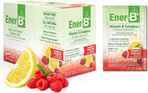 Ener-B+ poudre framboise-citronnade se dissolvant dans l'eau pour hydratation rafraîchissante.