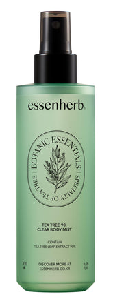 ESSENHERB Tea Tree 90 Clear Body Mist — Bouteille visible, hydratation légère pour peau irritée.