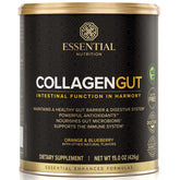 Essential Nutrition Collagen Gut - poudre orange-blueberry prête à être mélangée dans une boisson.