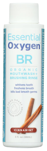 Essential Oxygen bain de bouche cinnamint, bouteille 3 oz, fraîcheur durable après utilisation.