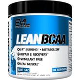 Boîte Evlution Lean BCAA en poudre Blue Raz prête à l’emploi, récupération musculaire possible.