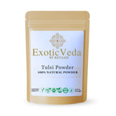 Exotic Veda Poudre Tulsi emballage ferme préserve fraîcheur et arôme naturel.