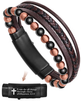 Feraco bracelet croix cuivre et perles hématite, allure chic et durable.