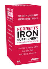 Tablettes Ferretts 106 mg visibles dans la bouteille, soutien potentiel d’énergie quotidien.