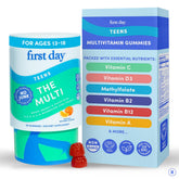 FIRST DAY Teen Multivitamines: bouteille et gommes colorées, énergie quotidienne.