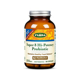 Flora Super 8 Probiotic est illustré sur la bouteille et les gélules, soutien potentiel à la flore intestinale.