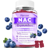 Flyrocer NAC Gummies boîte bleue myrtille, soutien immunitaire potentiel et goût agréable.