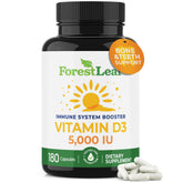 ForestLeaf Vitamine D3 5000UI: bouteille et capsules faciles à avaler.