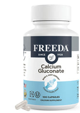 Freeda Calcium Gluconate, bouteille claire, soutien potentiel à la solidité osseuse.