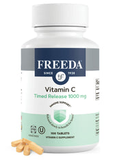 Freeda Vitamine C 1000 mg à libération lente, bouteille et comprimés faciles à prendre.