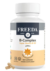 Flacon FREEDA Vitamine B-50 Complexe sur étagère, soutien potentiel à l'énergie.