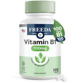 Bouteille Freeda vitamine B1 Thiamine 100 mg, soutien potentiel à l'énergie quotidienne.