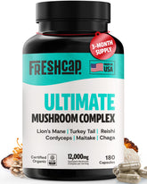 FreshCap champignons ultimes – bouteille affichée pour un soutien énergétique quotidien.