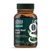 Gaia Herbs Holy Basil Leaf — bouteille montrant le produit et son potentiel de gestion du stress.