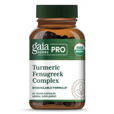 GAIA HERBS PRO Turmeric Fenugreek Complex, bouteille montrant les capsules véganes et bio.