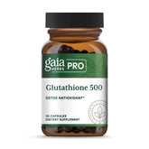 Gaia Herbs PRO Glutathione 500 - bouteille et capsules, soutien potentiel à la santé cellulaire.