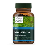 Gaia Herbs Saw Palmetto, bouteille visible, soutien potentiel à la prostate et à la santé urinaire