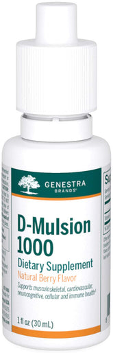 Genestra D-Mulsion 1000, gouttes cerise naturelle, soutien immunitaire potentiel et énergie durable.