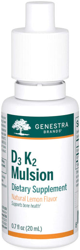 Genestra D3 K2 Mulsion, bouteille visible, soutien potentiel des os et santé vasculaire.