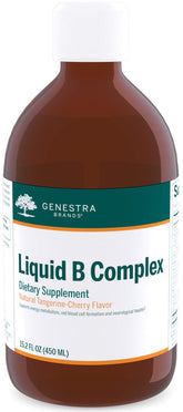 Genestra Brands Liquid B Complex, bouteille, soutien potentiel à l'énergie et au métabolisme.