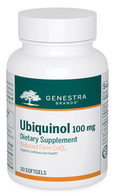 Genestra Ubiquinol 100 mg dans sa bouteille, capsule facile à avaler pour soutien antioxydant.