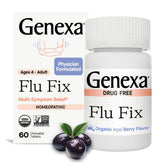 Genexa Flu Fix, boîte et étiquette acai-arôme, prêt pour usage quotidien à domicile.