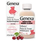 Genexa pour bébés flacon-liquide en vedette, solution pratique pour fièvres et douleurs mineures.