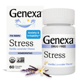Genexa Soulagement du Stress: bouteille de comprimés masticables vanille lavande pour une détente délicate.