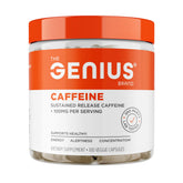Genius Caffeine, bouteille ouverte montrant les capsules et énergie durable.