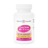 GeriCare Calcium 600mg et Vitamine D 10ug – bouteille et etiquette, soutien potentiel pour les os.