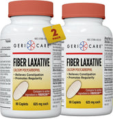 GeriCare Laxatif Fibre caplets: bouteille et emballage 2-paquets pour un soulagement potentiel de la constipation.