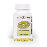 GeriCare vitamine E gélules dans une bouteille, soutien quotidien peau et immunité.
