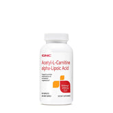 GNC Acétyl-L-Carnitine Alpha-Lipoïque, bouteille de caplets, peut favoriser l équilibre d humeur.
