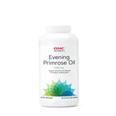 GNC huile d'onagre pour femmes, bouteille et capsules, soutien peau saine et équilibre hormonal.